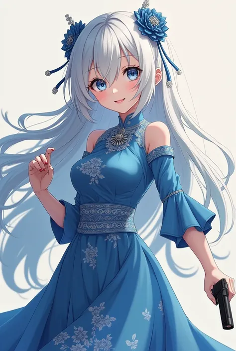 Anime White Hair Long Hair Long Hair Vintage Chinese Dress Blue Dress Smiling Mouth Corner Big Breasts Holding Handgun