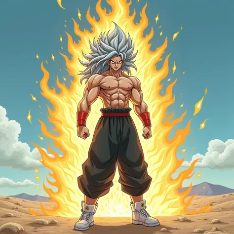 Create a man with red eyes and long gray boobed hair From a woman and he is shirtless with only gray hair covering his arms and black pants and white sneakers and deserted blue sky scenery and he has a yellow aura full of rays
Dragon Ball AF style ( Make t...