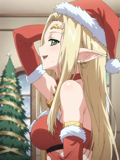 score_9, score_8_up, score_7_up, source_anime, anime screencap, 1girl, solo, BREAK, celestine, elf ears, long hair, green eyes, blonde hair, mole under mouth, bangs, Santa costume, Santa hat, red tube top, red elbow gloves, long gloves, red collar with a b...