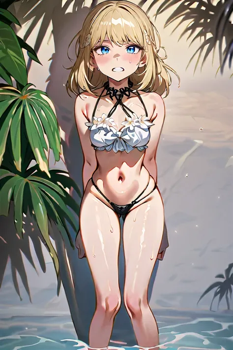 nsfw,masterpiece, top quality ,  high resolution download ,  very detailed, (Night Song ),Blonde,  bob hair ,bangs,  blue eyes,teeth,floral halter bikini,ribbon,between legs, Beach ,  palm trees, Beach ハウス, Embarrassing ,,  wet ,Suspicious Activity、Small h...