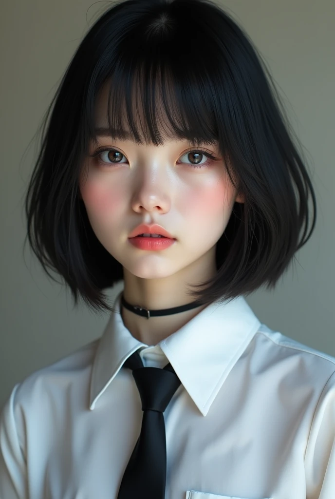 The beautiful young lady、 is a mix of beautiful Japanese women and beautiful Russian women、Only the face。Age is  。Physical characteristics include black hair、Medium straight bob cut。The face is small、Eyelashes are short、Only boyish eyes。The nose is high、Th...