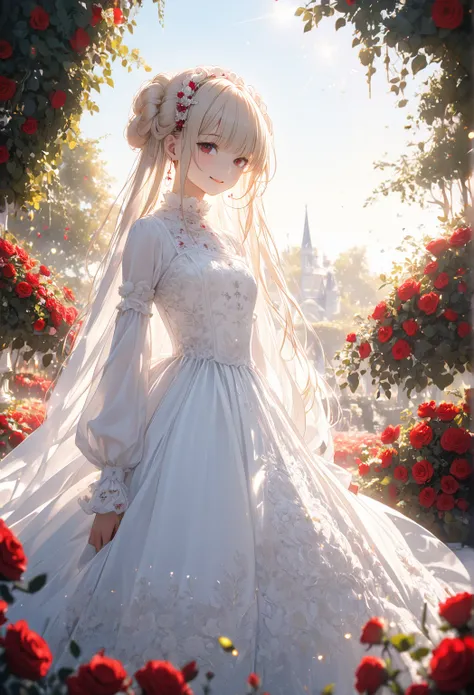 ((Masterpiece)), (Anime:1.5), ((best quality)), (RAW photo:1.2), (High Definition:1.3), (Professional Photography:1.2), (chromatic aberration), 1girl, lens flare, wide shot, Textured skin, cinematic lighting, 1girl, ((Beautiful Gothic Lolita pure-white-Dre...