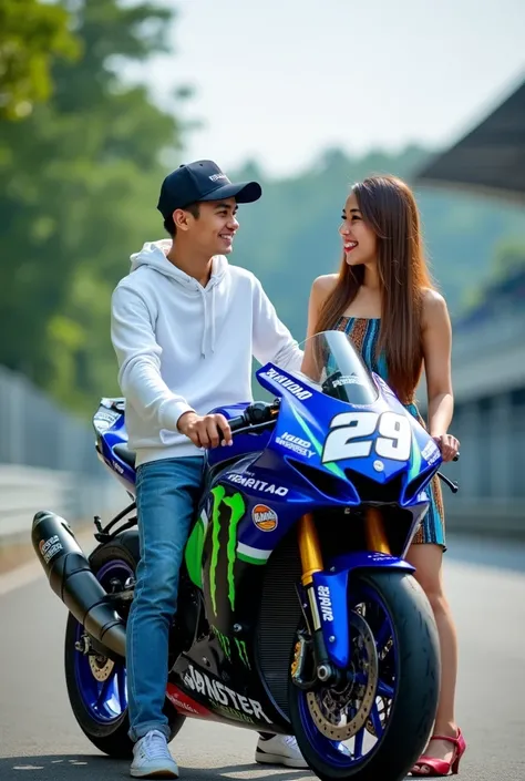 Yamaha R15Number 29 livery Monster energy color blue and men Indonesia age 25 years old wear basketball cap and jacket Hoodie color white color jeans And beautiful women wear dresses brown blue Sepang circuit background UHD (HRD)