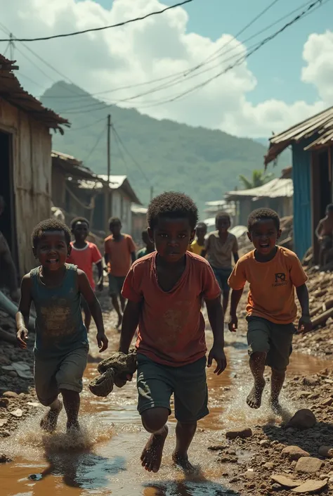 Tu peut me crée une image touchante pour illustrer le cyclone qui s’est passé à Mayotte , highlight broken tin houses and a running population and also illustrate the failed barge 