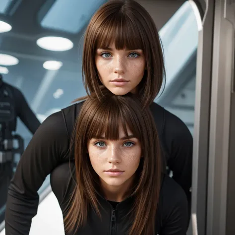 beautiful 23-year-old adult woman with fair skin and freckles on her face,  freckles are under her eyes .  light brown eyes , short light brown hair with bangs,  defined body.  She wears a black jumpsuit with long sleeves glued to her entire body, scifi st...