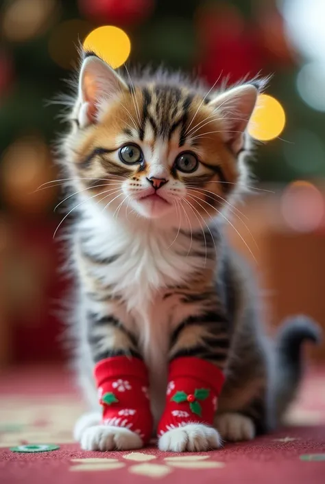 Kitten wearing Christmas socks 
