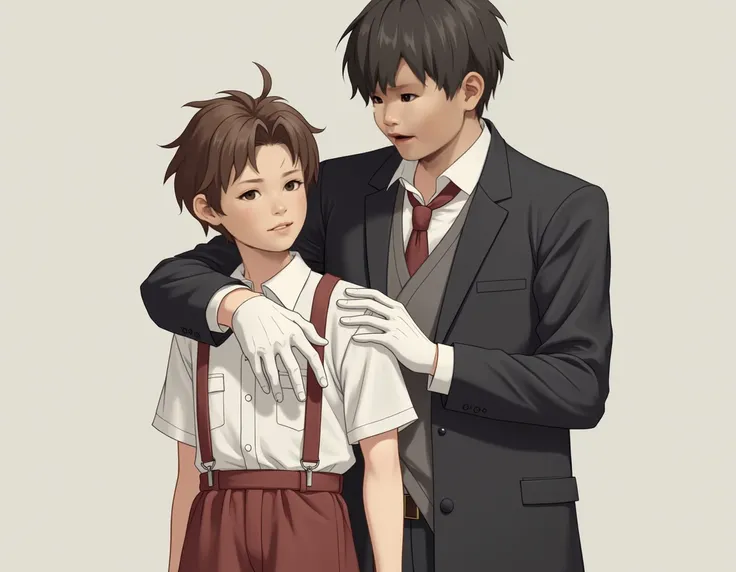 create an image similar to character reference but draw the boys hands and a white glove on the hands of the man who is on the right and who is holding the boys arm