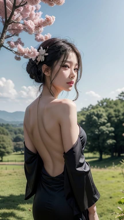 Realistic photography, a beautiful geisha woman, wearing a seductive in a black kimono with sakura tattoo, and open back and her shoulders, deep neck, revealing her smooth skin. While cranes fly gracefully in the background. The sky is a vibrant blue with ...