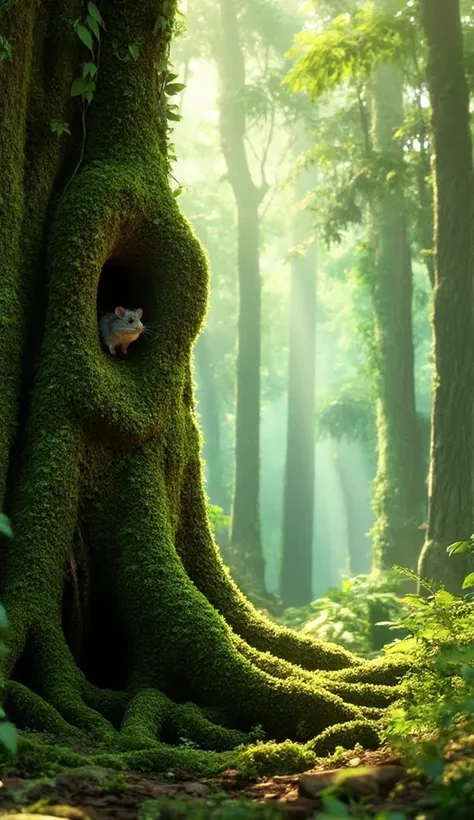 A peaceful Indian forest with soft sunlight filtering through tall trees. In the foreground, a small mouse looks timidly out of a hole in the roots of a tree, peeking at the surroundings. The scene feels magical and calm.