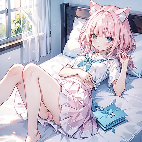 Light Pink Hair Cat Ear Girl Wearing Light Blue Swim Skirt，Lying on the bed, lift up the skirt to reveal lots of panties and dress cute