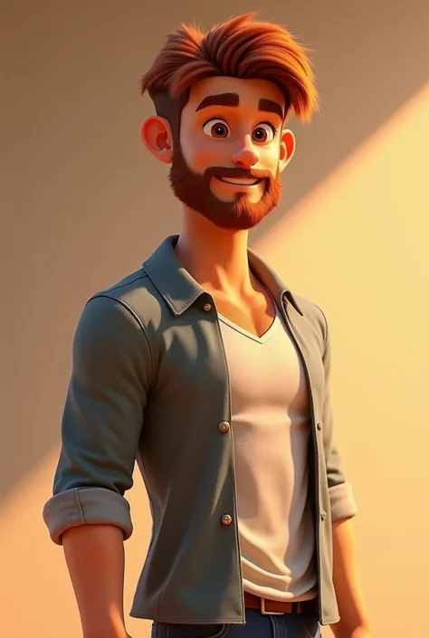  24 year old boy with a slightly redheaded beard,  straight up hair and hair on the sides , good-bodied brunette , Pixar style full body 