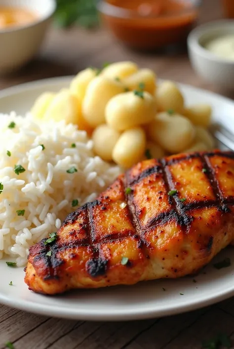 Plate with rice, potato salad and grilled chicken