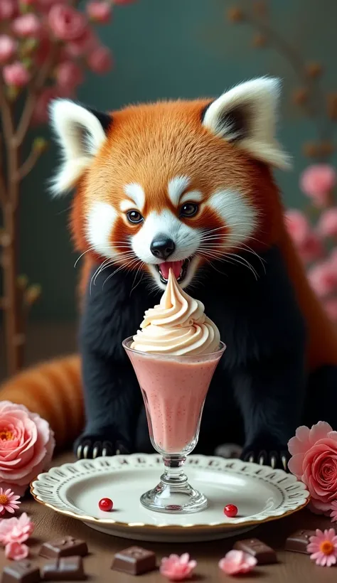  Is it possible to create a delicious ice cream effect with a waterfall of flowing  ， cigarette smoke in its mouth and the delicious ice cream effect in the shape of a red panda，The red panda has a waterfall with a sapphire ， on an upscale dinner plate  ，E...