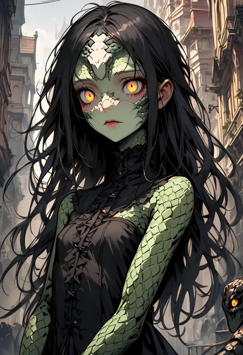 solo focus, female, snake-human hybrid, combination of reptilian and humanoid features, elongated body, narrow waists, olive skin, scaly skin, almond-shaped eyes, flat nose, thin lips, jet-black hair, loose hair, victorian, poor, close up, curious, small b...