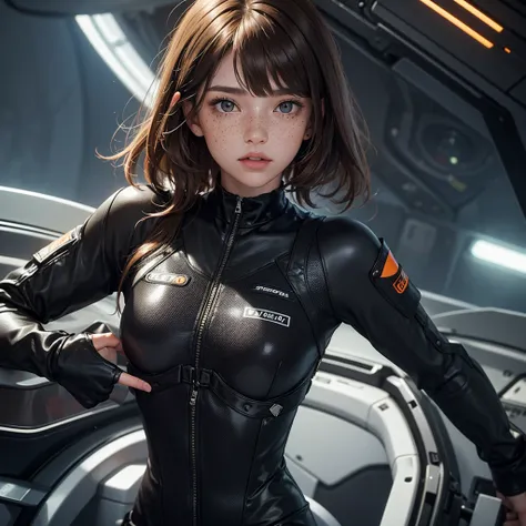  beautiful 23-year-old adult woman with fair skin and freckles on her face ,  freckles are under her eyes .  light brown eyes , short light brown hair with bangs,  defined body.  She wears a black jumpsuit with long sleeves glued to her entire body, scifi ...