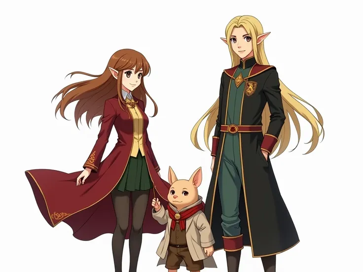 Hermione, Legolas, and Dobby as Anime characters. Wearing each of their own traditional character outfits. All white background. Dobby has light tan coloring. Hermoine is in a Gryffindor outfit.