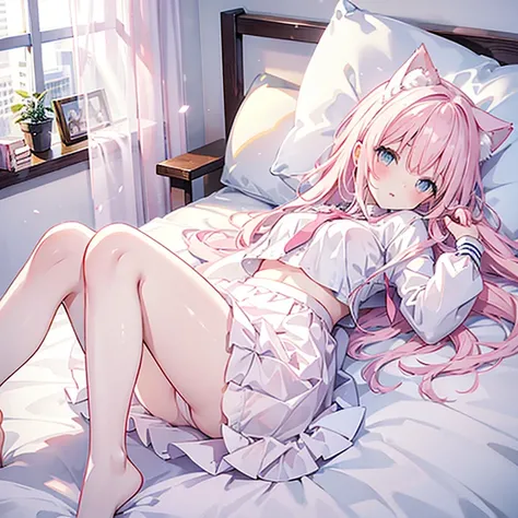 Light Pink Hair Cat Ears Girl Wearing White Skirt，Lying on the bed, lift up the skirt to reveal lots of panties and dress cute