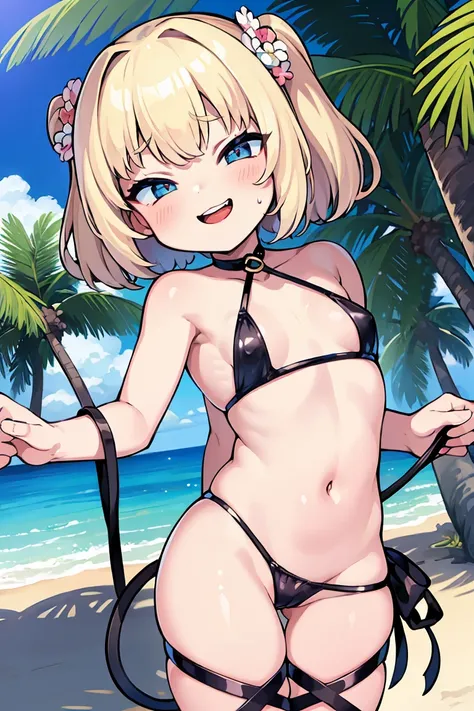 nsfw,masterpiece, top quality ,  high resolution download ,  very detailed, (Night Song ),Blonde,  bob hair ,bangs,  blue eyes,teeth,floral halter by bikini（Metallic Blue）,ribbon,between legs, Beach ,  palm trees, Beach ハウス, Embarrassing ,,  wet ,Suspiciou...