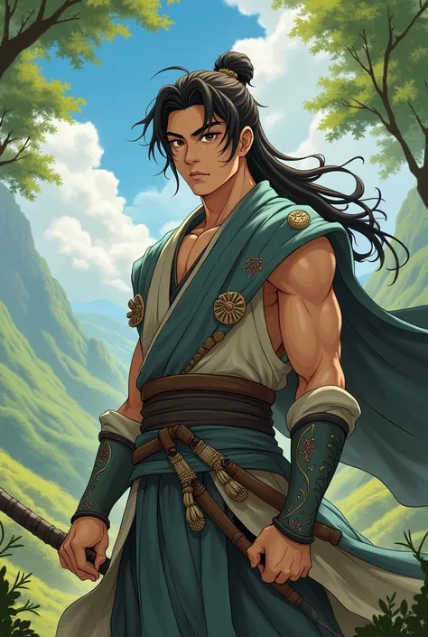 Give me the image of a 25-year-old man who is a warrior with Asian traits in the anime style of Studio Ghibli 