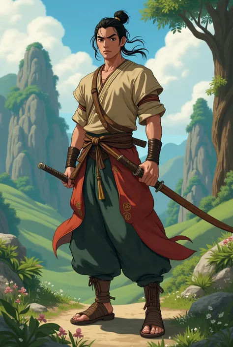 Give me the image of a 25-year-old man who is a warrior with Asian traits in the anime style of Studio Ghibli 