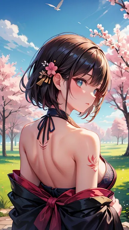 Realistic photography, a beautiful geisha woman, wearing a seductive in a black kimono with sakura tattoo, and open back and her shoulders, deep neck, revealing her smooth skin. While cranes fly gracefully in the background. The sky is a vibrant blue with ...