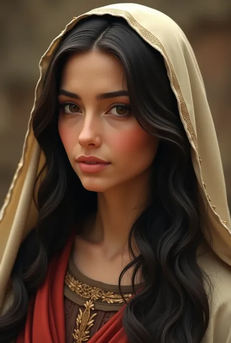 maria, Mother of Jesus Christ , with veil over the head and with typical characteristics of its time and culture: olive-colored , king,  long wavy hair,  brown or black skin ,  and dark brown eyes .  Her physiognomy probably reflected the ethnic mix of the...