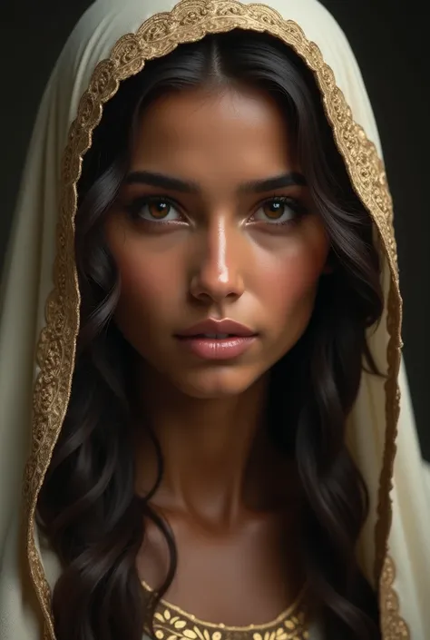 maria, Mother of Jesus Christ , with veil over the head and with typical characteristics of its time and culture: Dark-toned skin,  long wavy hair,  brown or black skin ,  and dark brown eyes .  Her physiognomy probably reflected the ethnic mix of the regi...