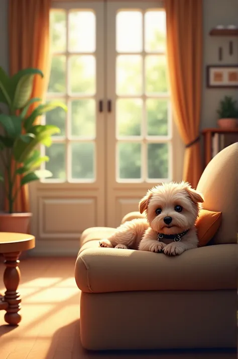 Picture of a living room with a little dog on the furniture 