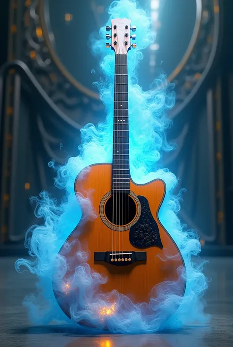 Acoustic 12-string guitar with blue fire and yellow smoke with a futuristic background 