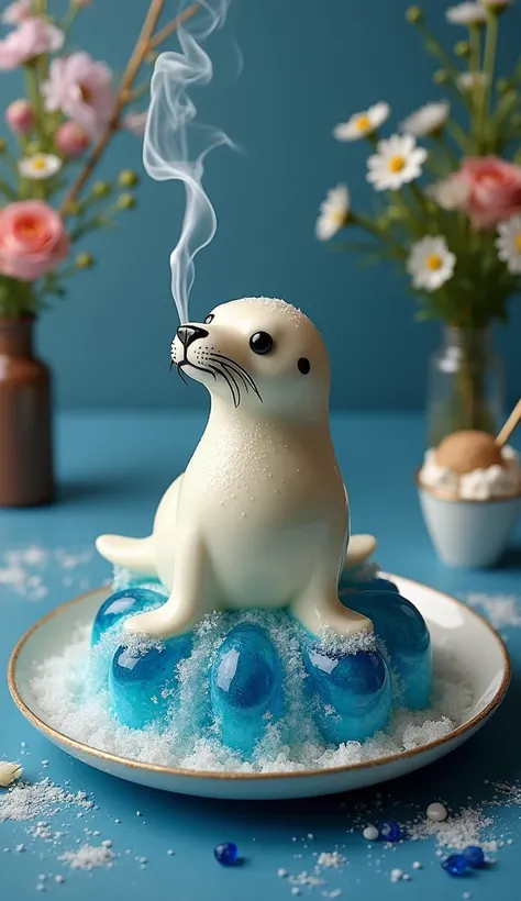  Is it possible to create a delicious ice cream effect with a waterfall of flowing  ， cigarette smoke in the mouth of a harp seal and the delicious ice cream effect in the shape of a harp seal，A waterfall with a sapphire ， on an upscale dinner plate  ，Exqu...