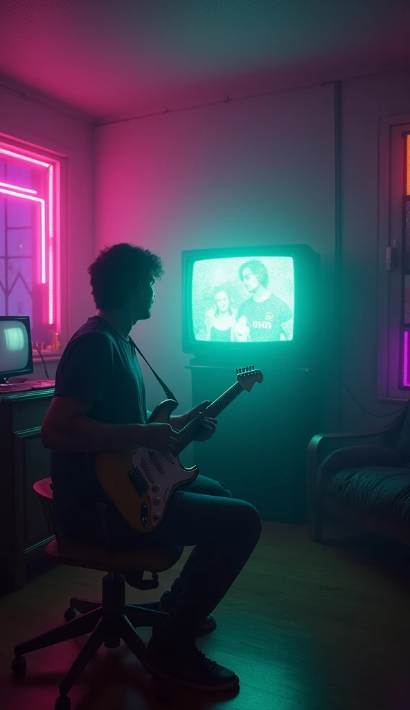 Create a hyper-realistic scene of a dimly lit room, an old CRT television glowing with a grainy Nirvana video in the upper half of the frame. Neon pink and purple lights blend with the TV’s glow, casting colorful reflections on the walls. The man in the bo...