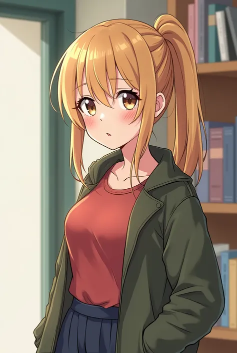  Anime-style image of a 17-year-old teenager , with a striking appearance but without losing the clichés of the typical nerd .  measures 1 .65 m and weighs about 58 kg ,  with a curvilinear figure that includes a good bust ,  small waist and pronounced hip...