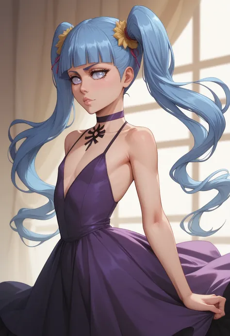 Wu Zetian (Fate) with long light blue hair kept in two long twintails. Large white eyes. White pale skin. Loli petite flat chest. Long purple dress exposin shoulders. (Bleach art style)