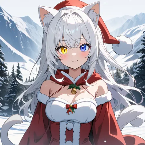 best quality , ultra detailed ,  highres icon ,anime style , from front , look at viewer ,One woman, ((long white hair)), (( Heterochromia,yellow right eye,blue left eye)), cat ears,  medium breasts , long hair twin tail, from front , upper body , tail-les...