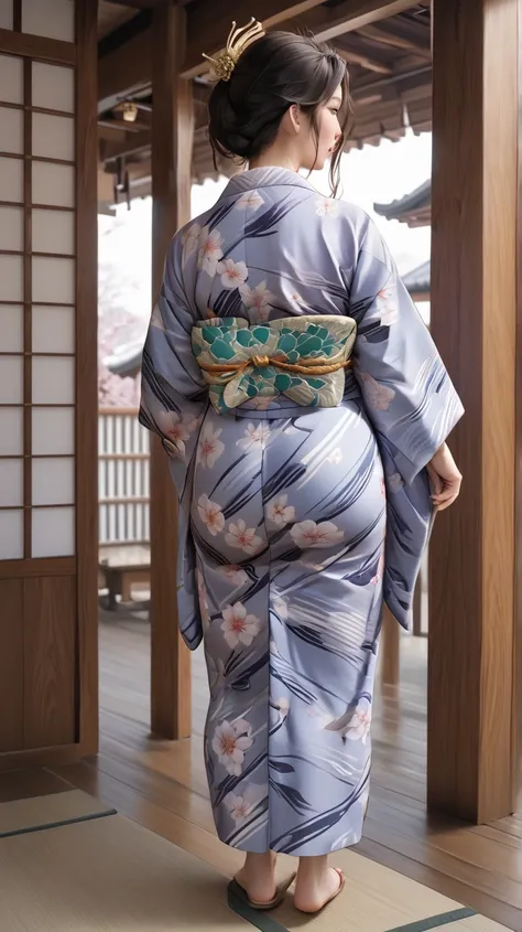 japanese mature woman wearing Japanese Yukata, full body shot back view