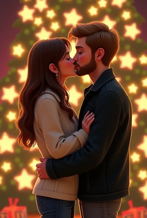  Pixar-style image of a couple kissing , the woman has long brown hair , Hes wearing a white jacket and a jean cafe bell boot,  the man is wearing a black jacket and a gray jean ,  the man has light brown hair and a beard ,  the mans arms are holding the w...