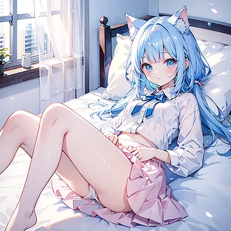 Two Charming Light Pink , Blue Hair Cat Ear Girl Wearing White Mini Skirt，Lying on bed upskirt 