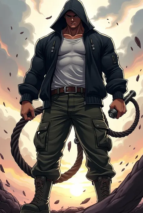  Robust and muscular hooded warrior with black jacket and white shirt, cargo pants and military boots with a huge whip anime version 