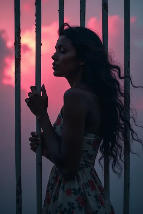 "High-resolution stock photo: A striking vertical artwork of a dark-skinned woman with long, flowing hair, her expression a poignant mix of love and despair. She stands on the other side of a set of metal bars, as if peering into a prison cell where the vi...