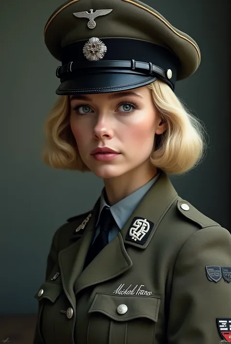  Beautiful blonde girl ,  short hair,  dressed in the German military uniform of the Second World War, cap with coat of arms , In his head,  with the name Michelle Franco written on the left chest area