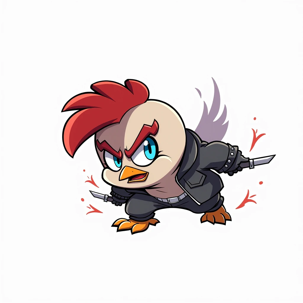 A cartoon chicken, stylized as a young, aggressive character, is depicted in a dynamic pose.  The chicken is positioned slightly off-center, angled toward the lower-right of the image.  Its expression is fierce and determined, with large, bright blue eyes ...