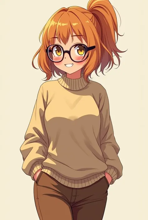  Anime-style image of a Nerdy Female Teen,thick glasses,rabbit teeth,Brqkets ,  white skin , honey-colored hair and eyes , big boobs, thick thighs and a big butt ,  wears a sweater and thick pants .