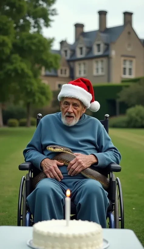 The scene takes place outdoors on a grassy field with a majestic stone castle in the background, partially obscured by lush green trees. In the foreground, an elderly man is sitting in a wheelchair, dressed in simple blue clothing. He wears a red Santa Cla...