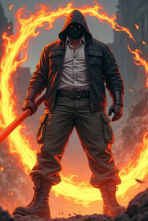  Robust and muscular warrior with hooded powers with a black jacket and white shirt, cargo pants and military boots with a huge fire whip anime version  