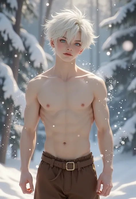 Human boy, 18-years old boy, youthful, white messy hair, snow-white hair, blue-colored eyes, (deep-blue colored eyes, finely detailed blue colored eyes), (detailed face, perfect face, handsome face:1.6), (pale skin, albino skin:1.4), ethereal beauty, defin...