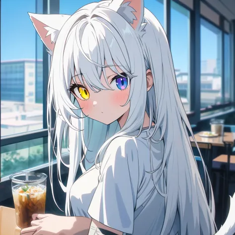 best quality , ultra detailed ,  highres icon ,anime style , from front , look at viewer ,One woman, ((long white hair)), (( Heterochromia,yellow right eye,blue left eye)), cat ears,  medium breasts , long hair twin tail, from front , upper body , tail-les...