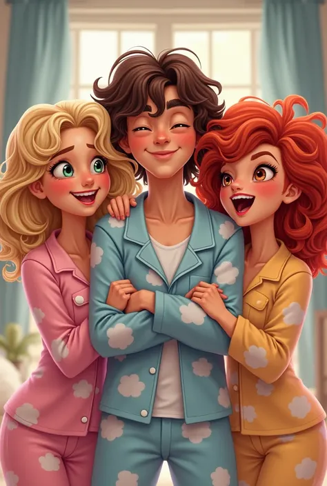 blonde woman, redhead woman, man with long wavy brown hair, cute pajamas pulling down