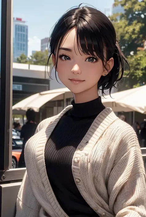  best quality ,  ultra-fine, (Photorealistic:1.4),Sunset light,  ponytail, Japanese women,  Detailed Photos , smile,  sexy,  black shirt , facing the camera, close (masterpiece: 1.3), (8k, Photorealistic,  best quality : 1.4), ( 1 girl ), Beautiful Face, (...