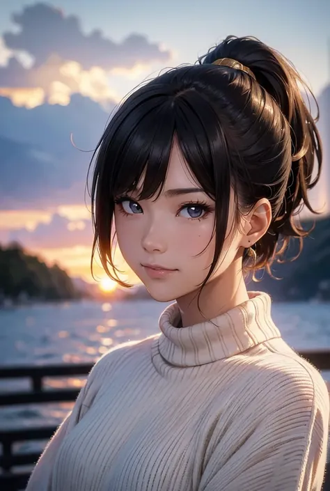  best quality ,  ultra-fine, (Photorealistic:1.4),Sunset light,  ponytail, Japanese women,  Detailed Photos , smile,  sexy,  black shirt , facing the camera, close (masterpiece: 1.3), (8k, Photorealistic,  best quality : 1.4), ( 1 girl ), Beautiful Face, (...