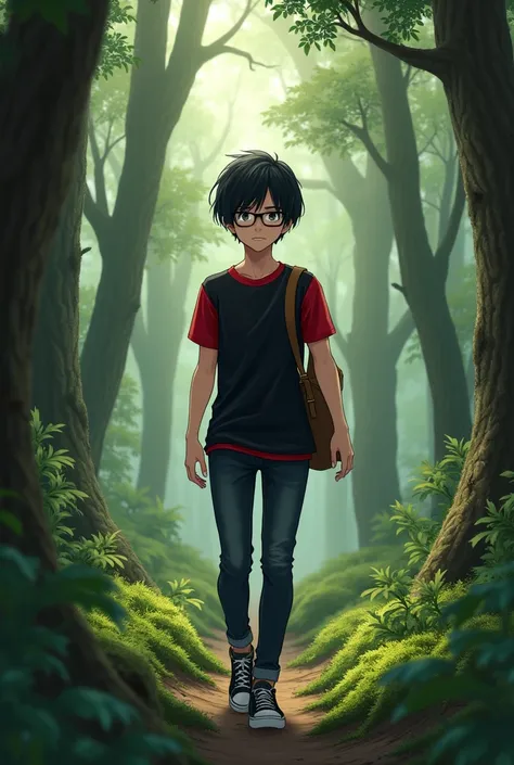 A teenager walking in the woods wearing a black and red shirt and dark anime-type glasses